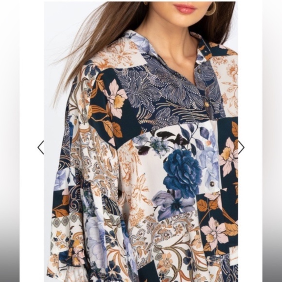 Johnny Was Leo Patchwork Silk Button Down Boho Top - Picture 2 of 7
